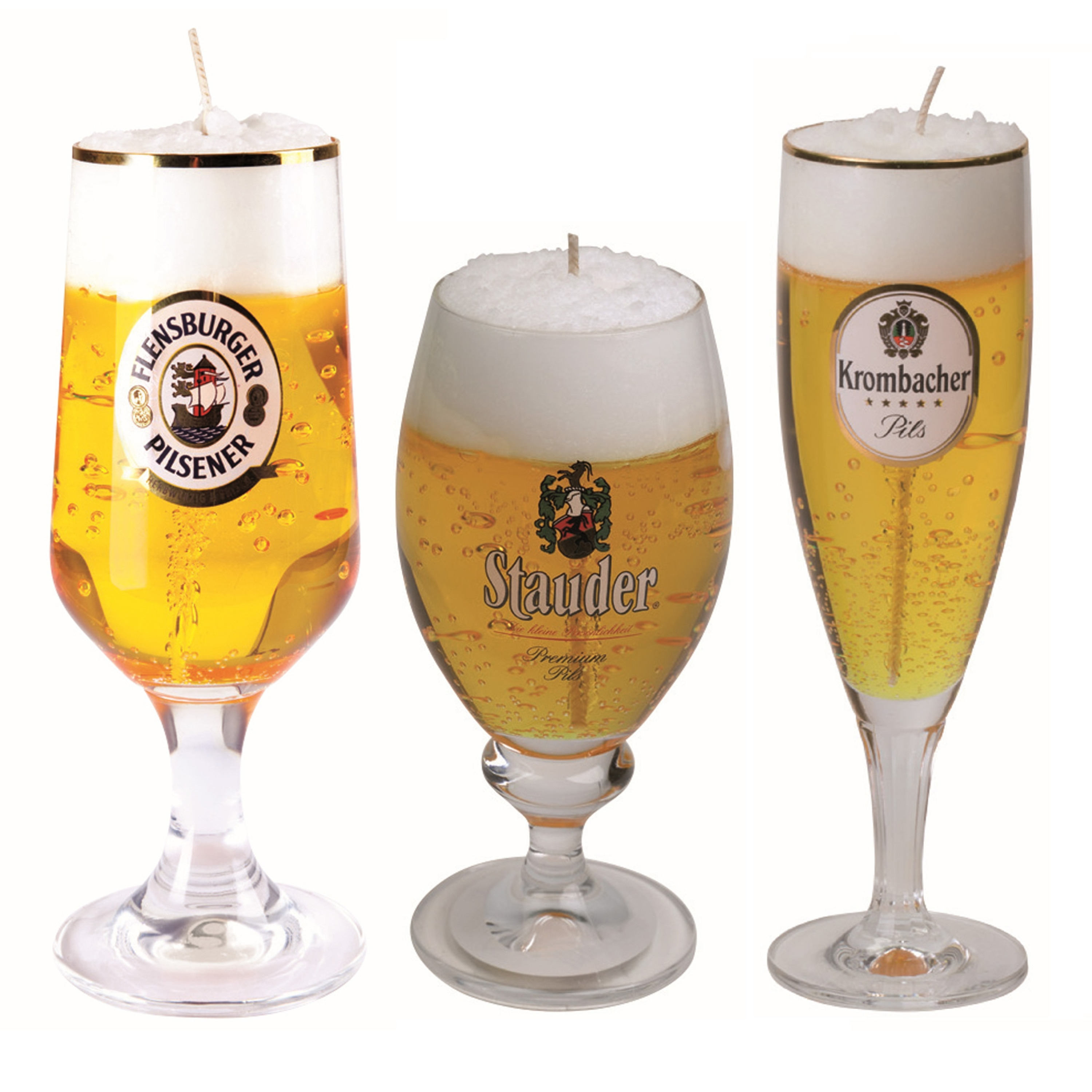 Merkloos Bierkaarsen - 3x st - Stauder, Flensburger en Krombacher bierglas kaarsen - bier cadeau -