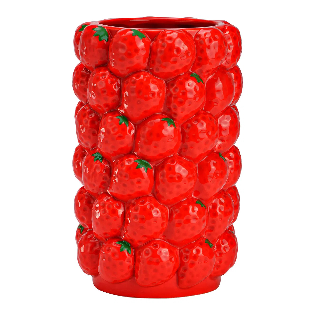 Merkloos Bloemenvaas aardbeien - rood - keramiek - D12 x H19 cm - fruitvaas aardbei patroon -
