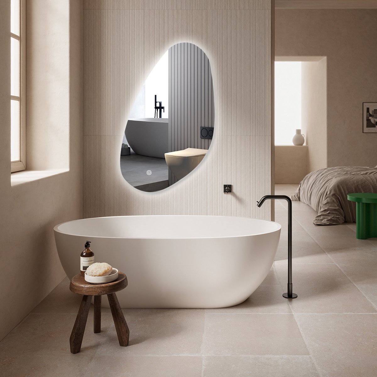 BES LED Badkamerspiegel met LED Verlichting en Verwarming 40x60cm - Afimera Aqua - Randloos - Wandspiegel Organische Vorm - Touch Bediening - Dimbaar - Aanpasbare Lichtkleur