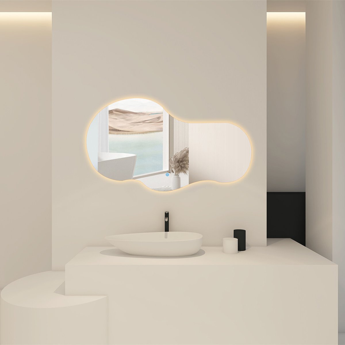 BES LED Badkamerspiegel met LED Verlichting en Verwarming 80cm - Afimera Nebula - Randloos - Wandspiegel Organische Vorm - Touch Bediening - Dimbaar - Aanpasbare Lichtkleur