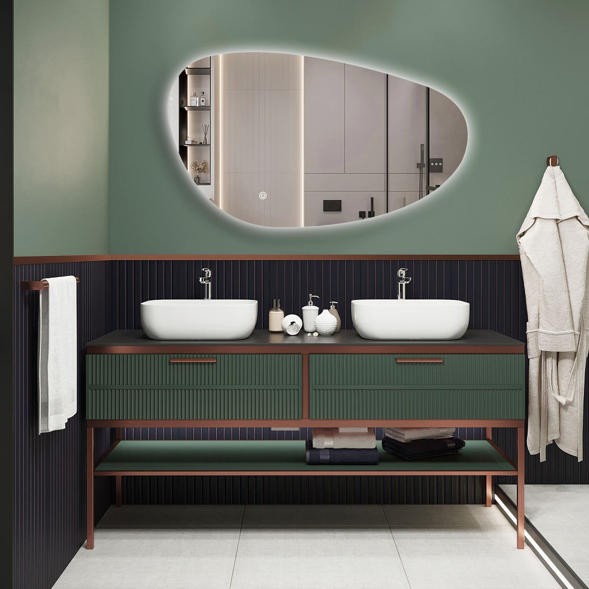 BES LED Badkamerspiegel met LED Verlichting en Verwarming 80cm - Afimera Nova - Randloos - Wandspiegel Organische Vorm - Touch Bediening - Dimbaar - Aanpasbare Lichtkleur