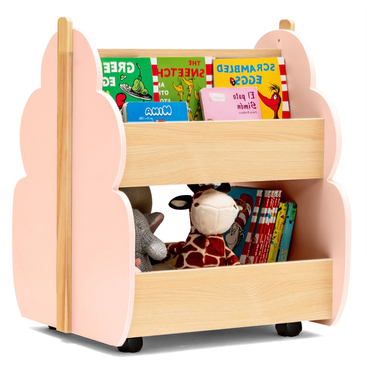 Costway Houten Kinderboekenkast met Universele wielen 2 Niveaus Speelgoedrek Op Wieltjes Roze