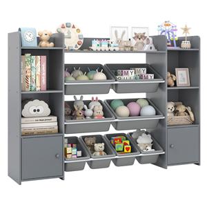 Costway 142 cm hoge Speelgoedkast met 4 Lagen Kinderrek met 8 Verwijderbare Bakken en Boekenplank