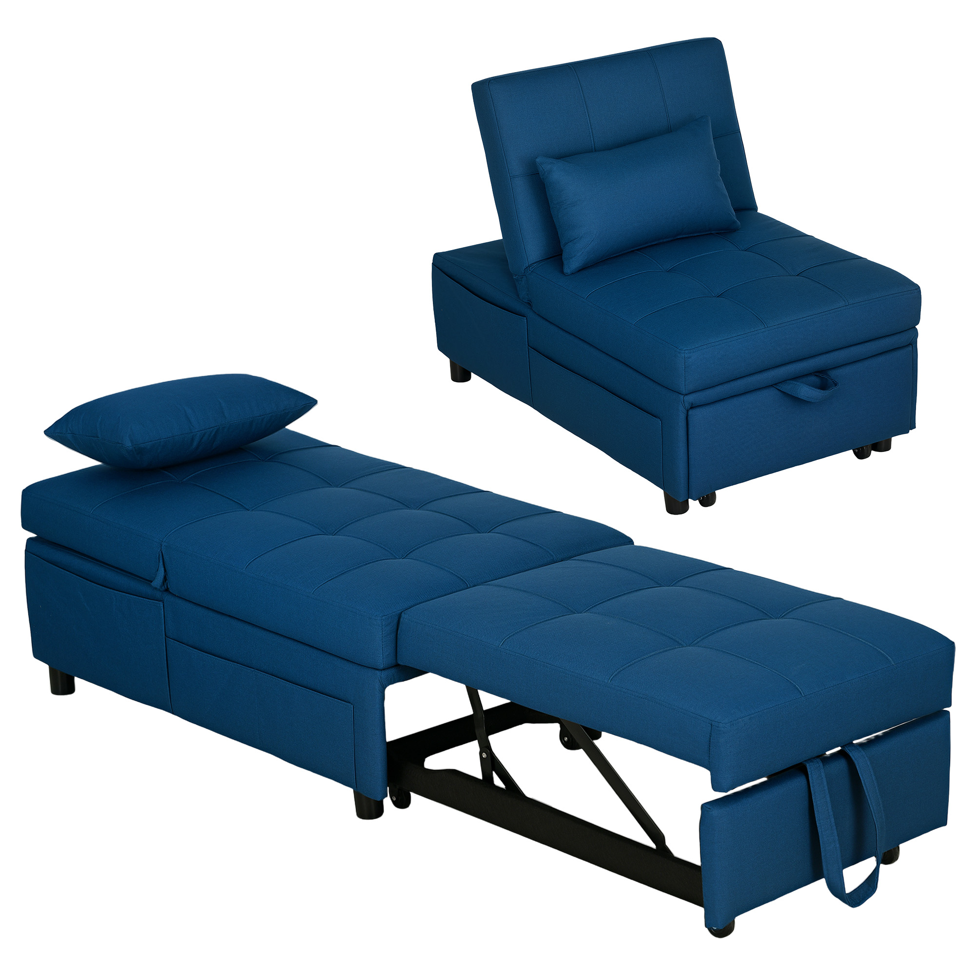 HOMCOM slaapfauteuil, 3-in-1 Opvouwbare Zijvak, Gastenbord met Kussen, Verstelbare Rugleuning met Wielen, 65,5 x 104 x 81 cm, Blauw | Aosom.nl