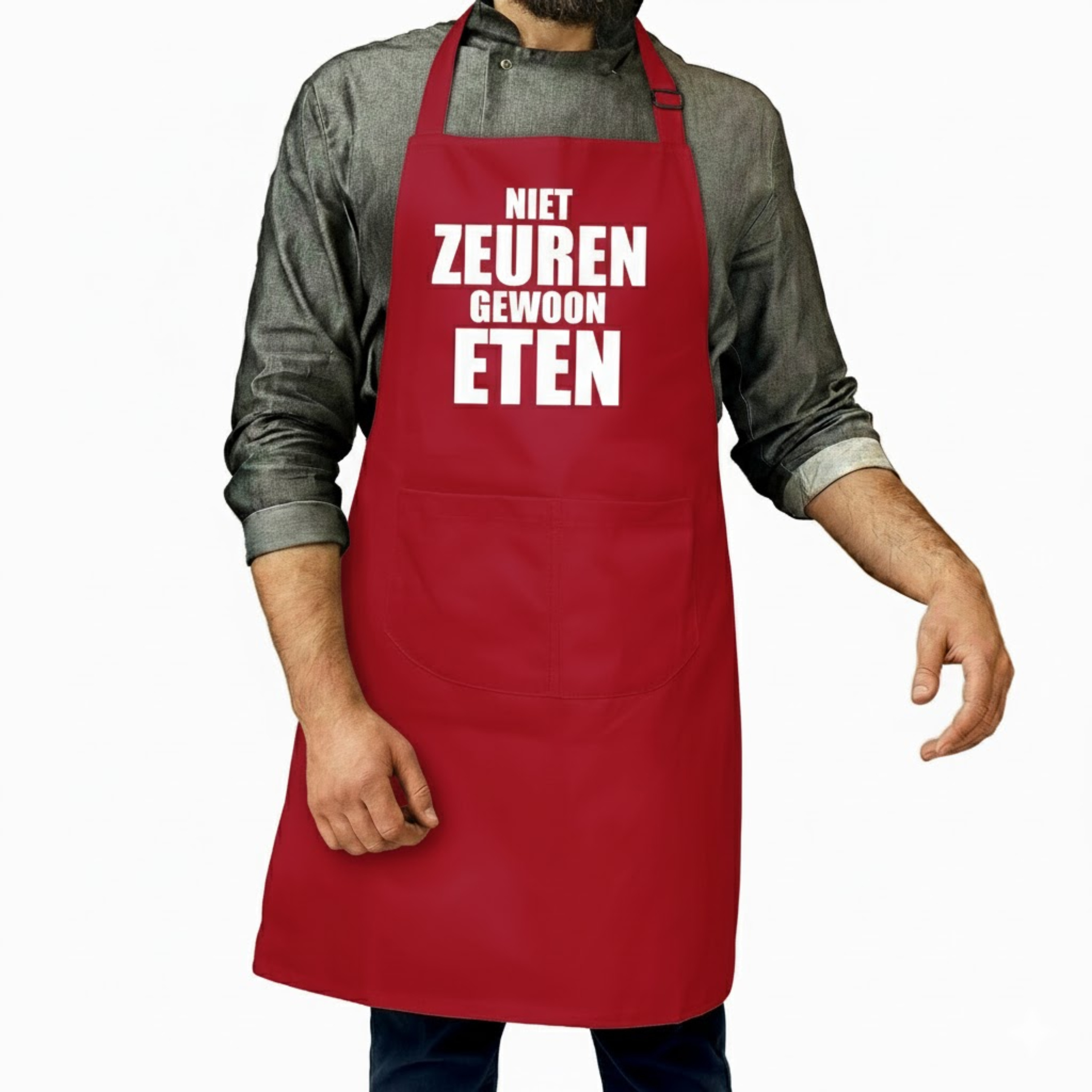 Bellatio Decorations Keukenschort - BBQ - niet zeuren gewoon eten - volwassenen - rood - cadeau -