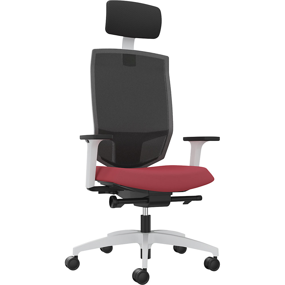 Dauphin Bureaudraaistoel JUST EVO MESH, met netrugleuning, wit, chilirood, met hoofdsteun