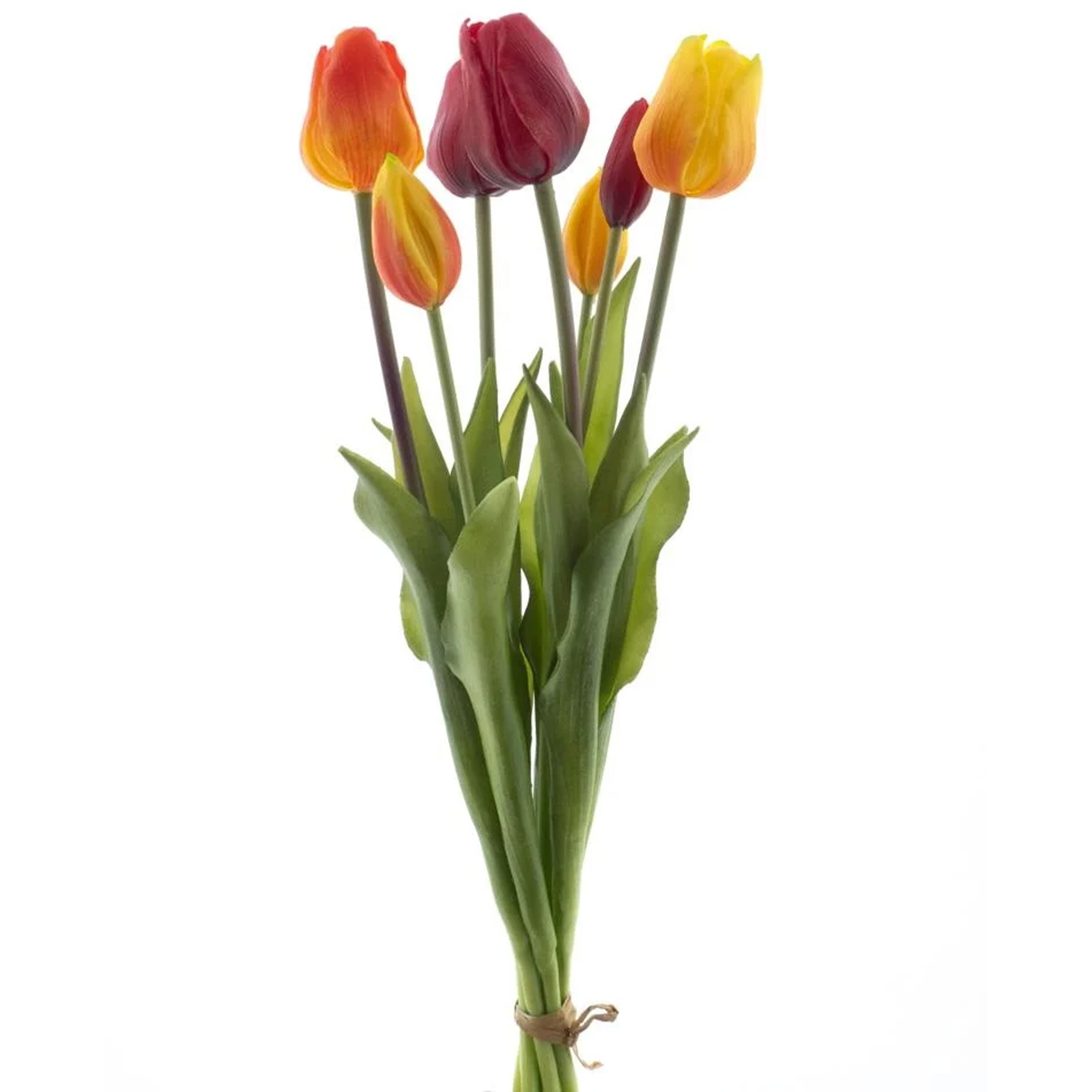 Bellatio Design Kunst tulpen boeket Sally - 7x stuks - rood/oranje - real touch - 47 cm - kunst zijdebloemen -