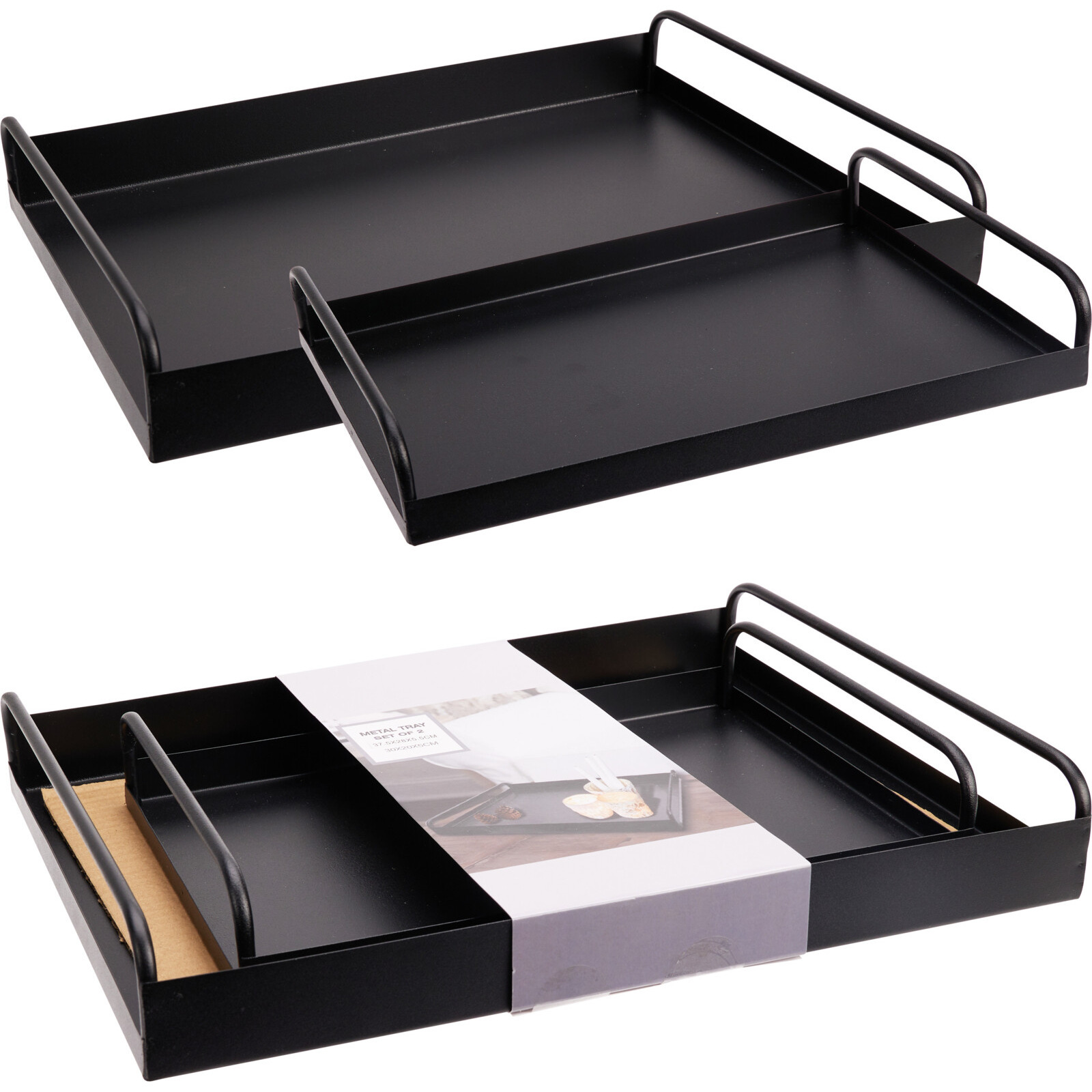 Excellent Houseware Dienbladen set - 2x stuks - metaal - zwart - serveerplank - dienblad - serveerbladen -