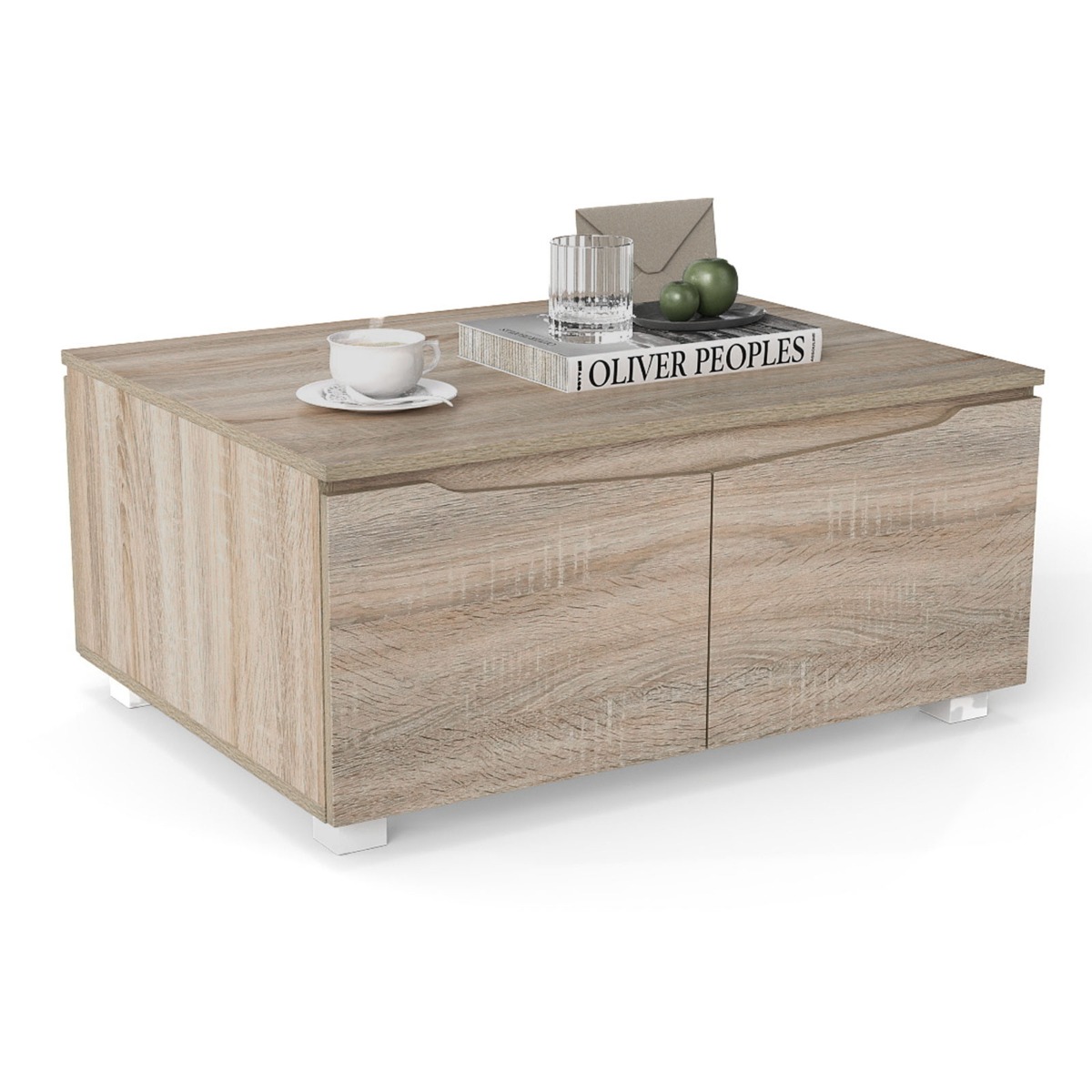 Costway Rustieke Salontafel met Verborgen Opbergruimte Rechthoekige Besteltafel met 4 Deuren en Dubbele Deuropening