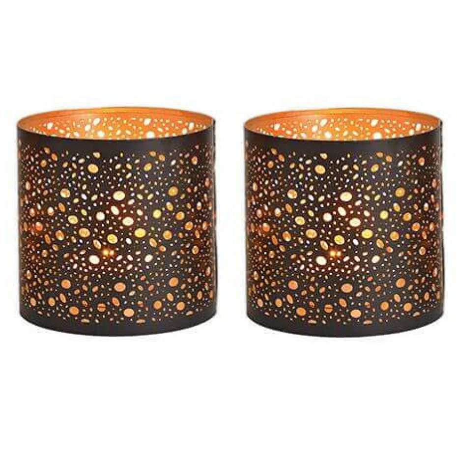 Merkloos Waxinelichthouder - 2x - voor theelichtjes - zwart met goud - 13 cm - Kaarsenhouders/lantaarns -