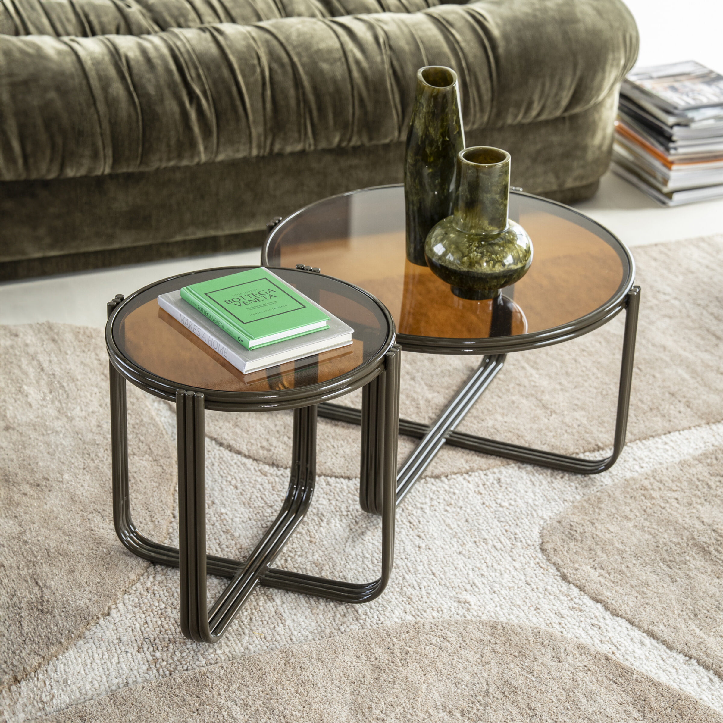 By-Boo Ronde Salontafel Groovy Set van 2 stuks, Glas - Bruin